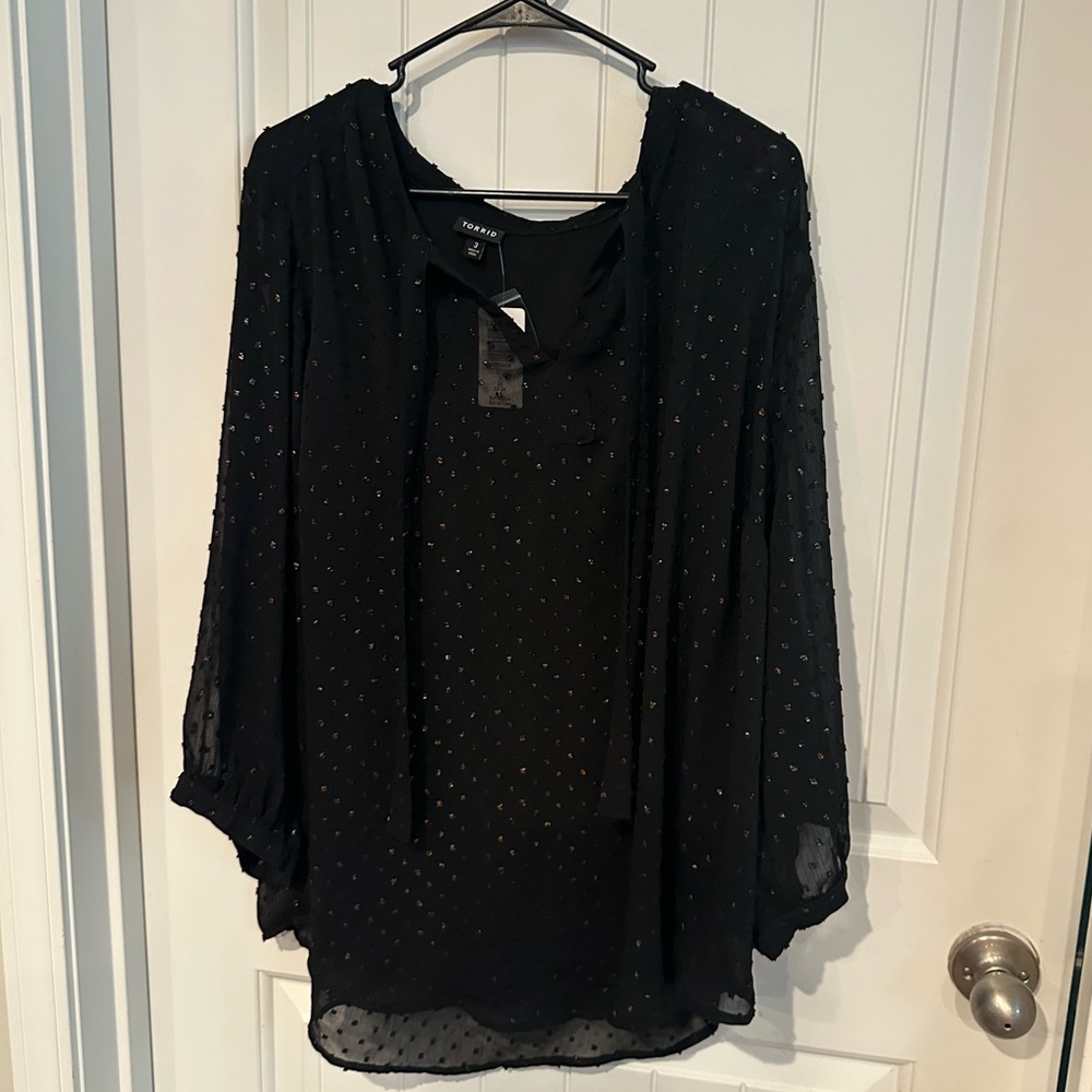 3X Torrid Black Sheer Blouse with Tie Neck